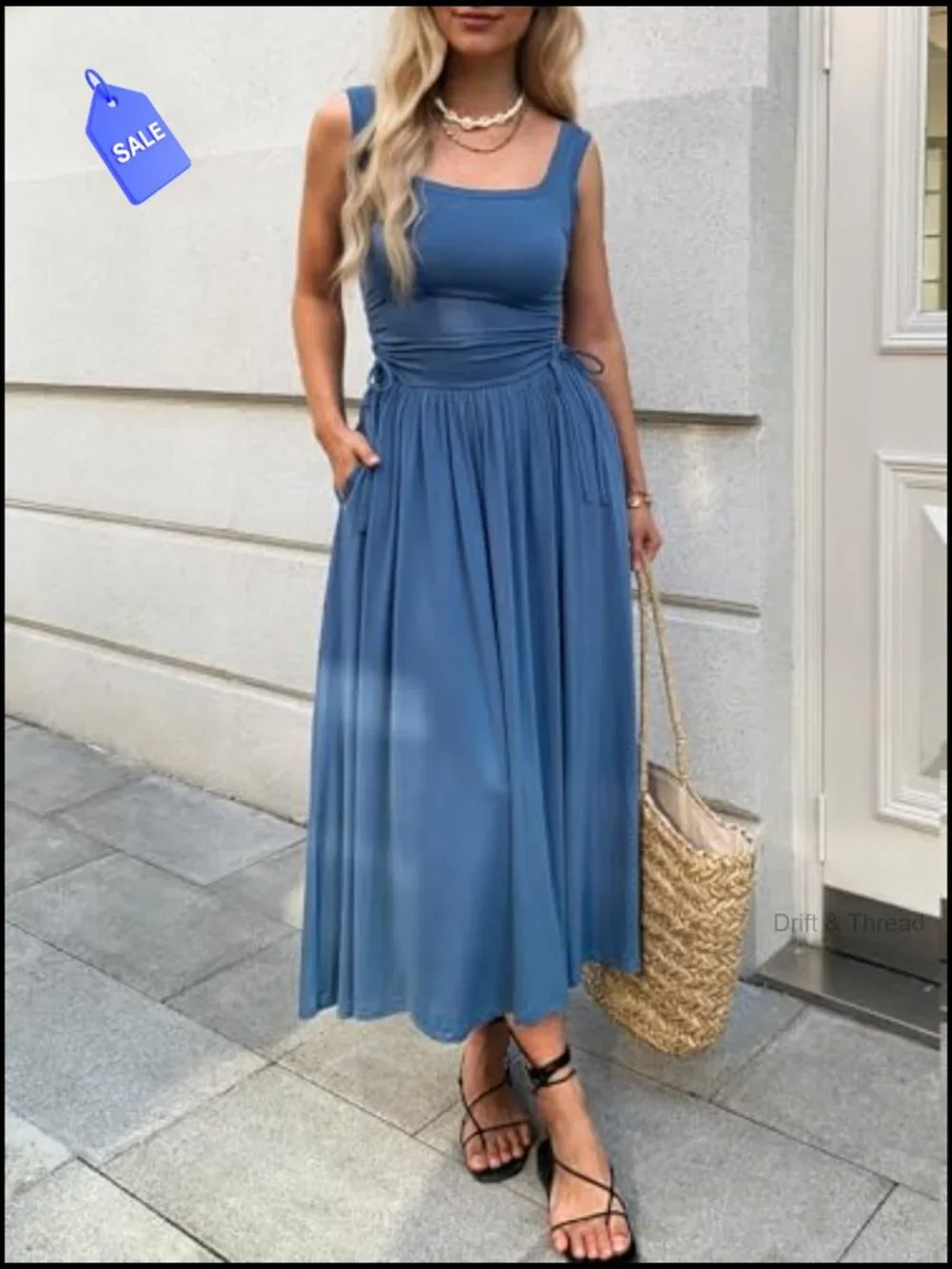 Boho Summer Maxi Dress with Pockets, Adjustable Waist, Sleeveless Casual - Picture 2 of 6